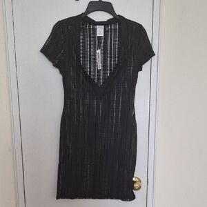 Waves To Coast Black Crocheted Short Sleeve Beach Coverup Size M